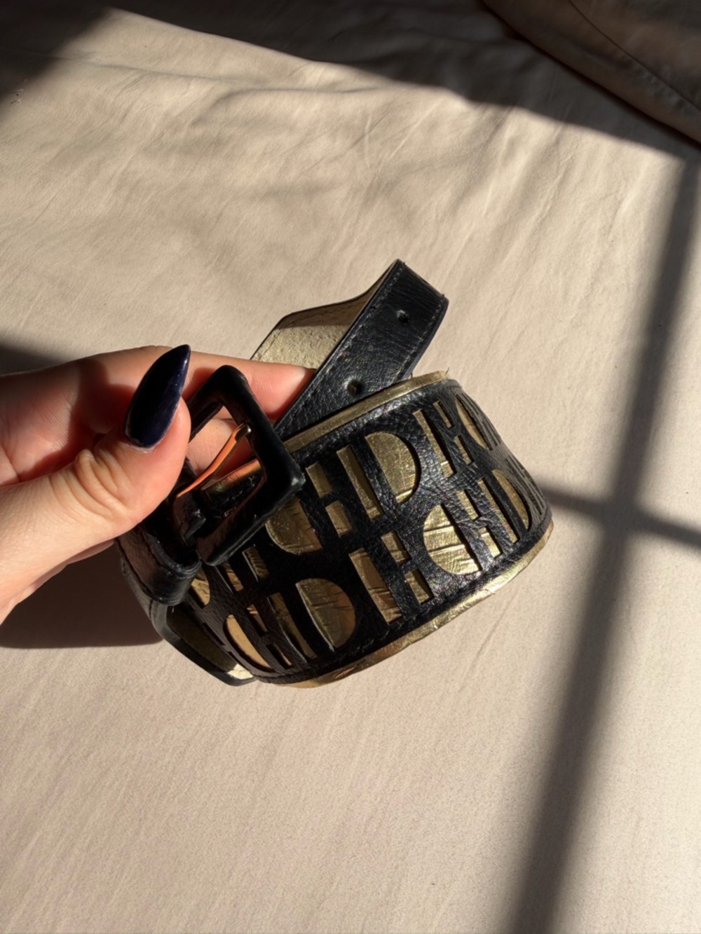 Black & Gold Cutout Logo Leather Belt